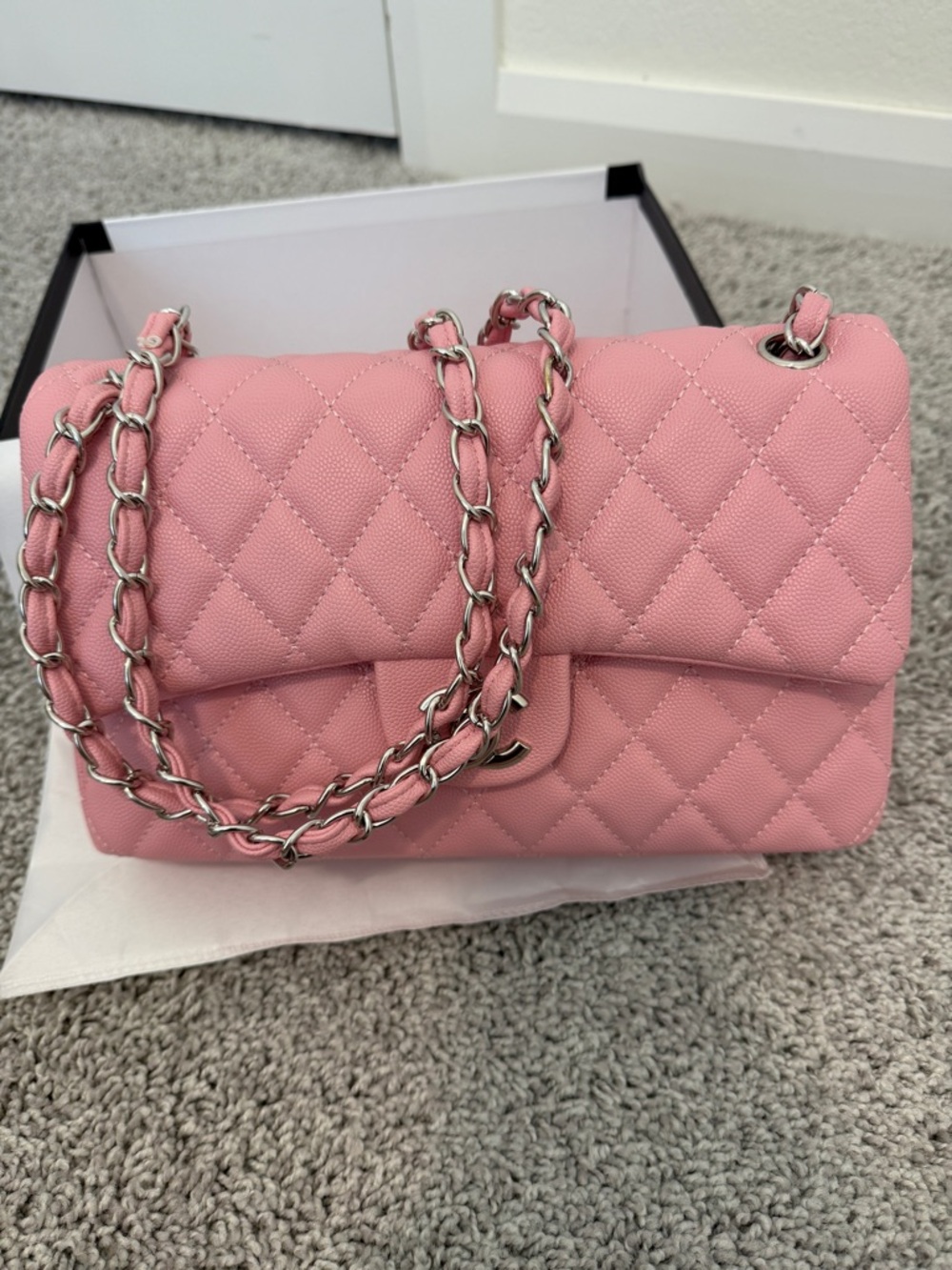 Pink Quilted Chain-Handle Shoulder Bag- caviar leather